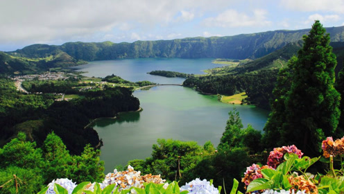 亚速尔群岛的圣米格尔岛,空中俯瞰七城湖