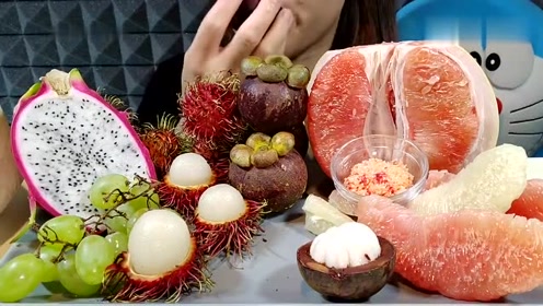 吃播韩国美女吃货试吃水果盛宴,山竹红毛丹西柚火龙果,配青提