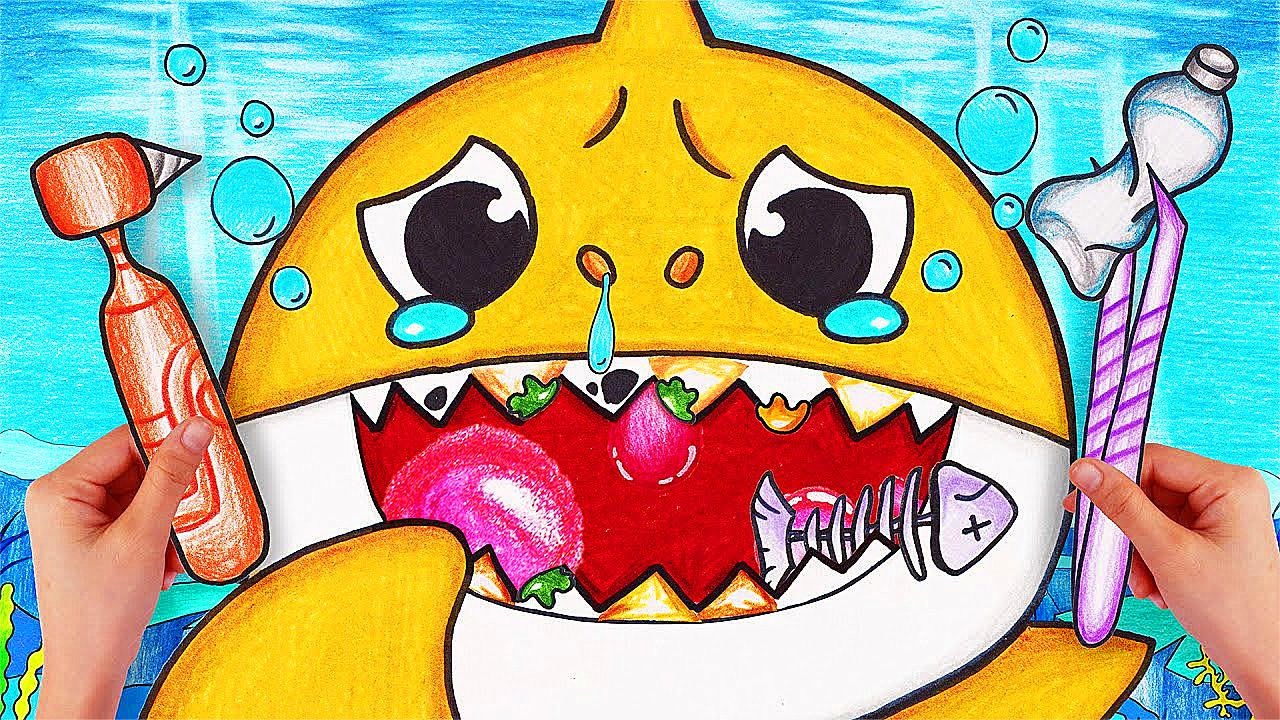 趣味定格动画:可怜的小鲨鱼牙齿太脏了,小美帮助他刷牙做清洁