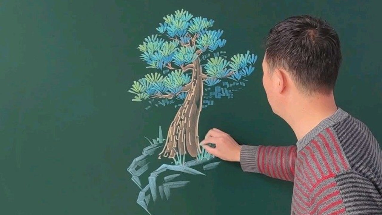 粉笔画松树有技巧,画好了一点也不输油画!