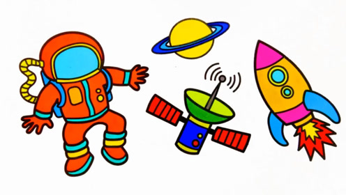 儿童简笔画教程彩页涂色学习颜色 宇航员火箭发射探索外太空