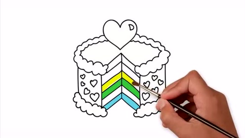 亲子简笔涂色画:彩虹爱心蛋糕,涂颜色右脑开发