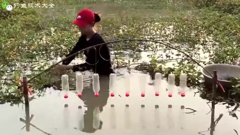 美女是钓鱼高手呀，挂了排空瓶子，钓上好多大鱼