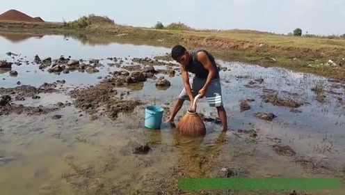 这么抓鱼很特别，先把鱼扣住在上里边摸！
