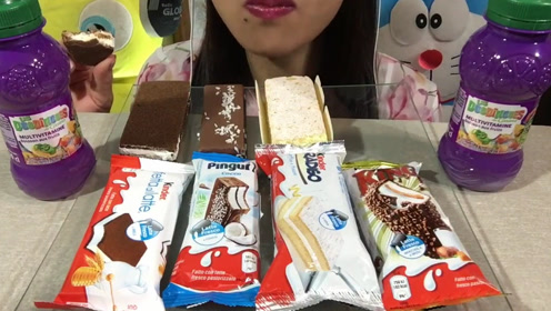 小姐姐品尝美味巧克力雪糕,吃的一脸满足,看着真过瘾