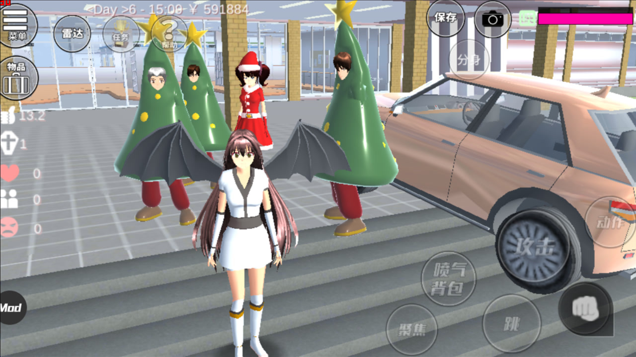 樱花校园模拟器:小夕载一车圣诞节表演的圣诞树和圣诞女孩来学校