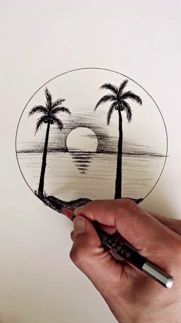 椰子树和夕阳才是最佳搭配,再画上小鸟,一幅美丽的风景画完成