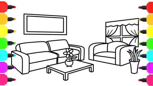 儿童简笔画:漂亮的客厅电视书橱