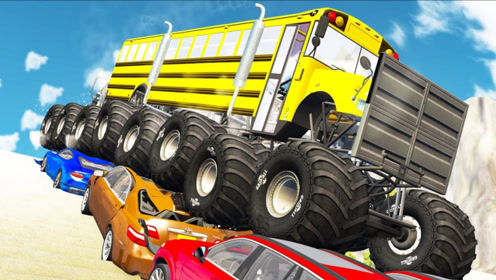 beamng:16轮怪物卡车开足马力飞跃碾压小轿车,画面够酸爽