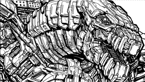 高手绘制的机械哥斯拉黑白线稿!造型繁复线条相当流畅漂亮!