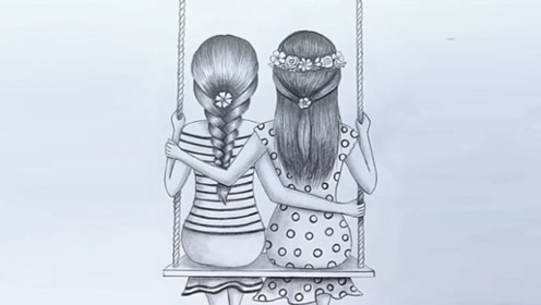 绘画:简单的方法,如何绘制一对感情深厚的姐妹花在荡秋千