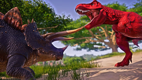 雷克斯暴龙 vs 剑角龙,突围战斗 ~ 侏罗纪世界进化