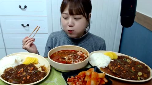 韩国大胃王脸蛋圆圆的孝宁,吃辣牛肉汤和酥脆猪排,2人份吃播!