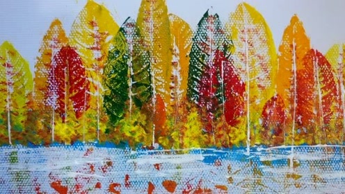树叶拓印画,湖边秋景