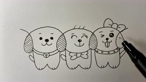绘画:用一条曲线画三只可爱的小狗,简直太温馨了!