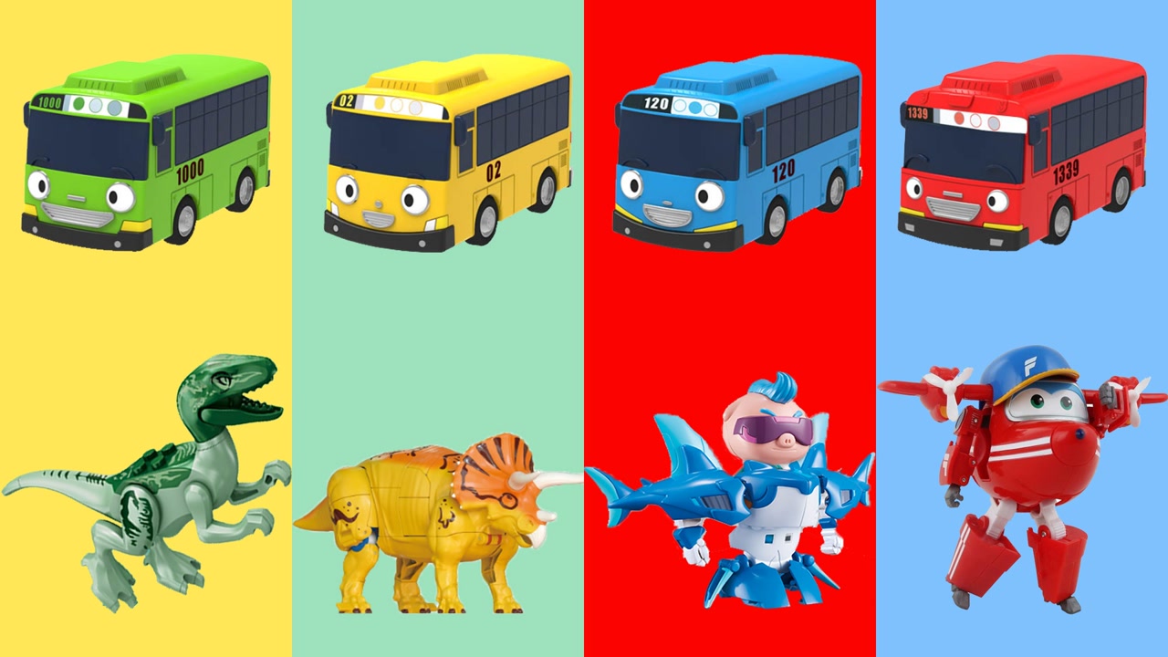 四辆太友公交车带来不同颜色的玩具