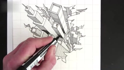 绘画艺术家的创作视频,画俯视的高楼大厦,看上去特别逼真