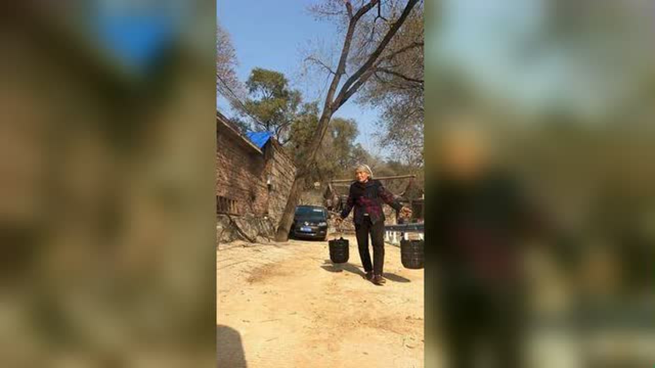 80多岁的老太太担水,只为子女的冬储大白菜