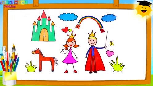 儿童简笔画教程涂色彩页学习颜色 公主王子城堡彩虹