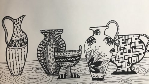 弥渡七彩艺术学校周末线上绘画教学,线描花瓶真好看!