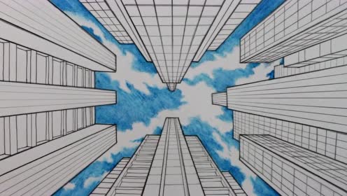 一点透视画仰视建筑效果图手绘教程