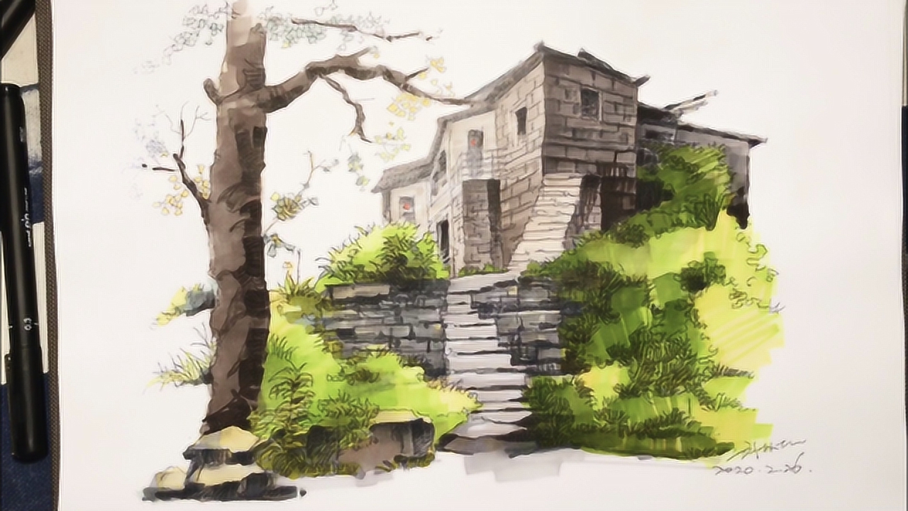 钢笔画手绘风景速写,记录马克笔上色画法步骤,这样画就不难了