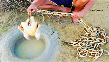 肥鸡钓鱼，这么粗的铁链被拉走了，看看这鱼有多大呢？