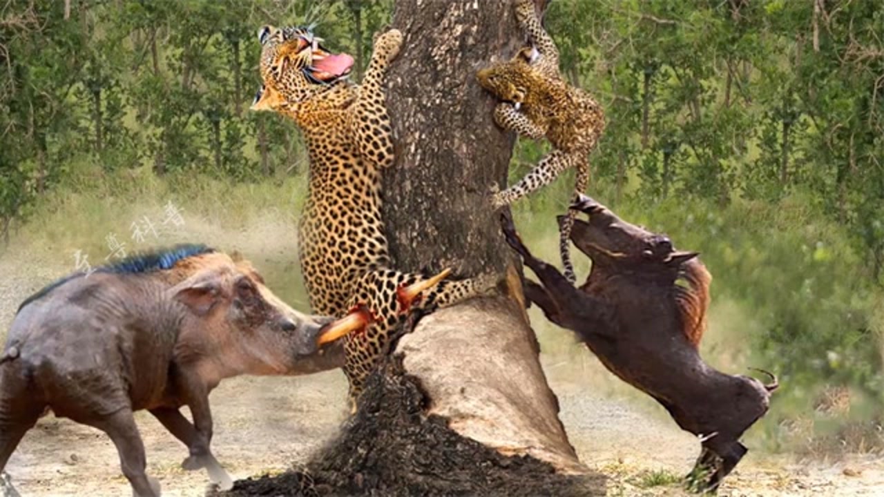 疣猪家族被豹子捕食,小疣猪惨遭豹子毒手,母疣猪白发猪送黑发猪