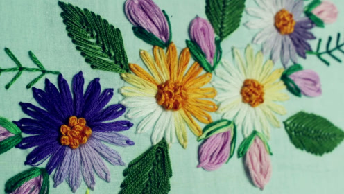 手工刺绣:菊叶绣针法缝制渐变色花卉