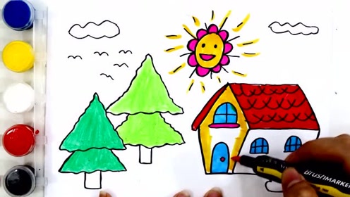 儿童彩绘:涂画小房子 小树 太阳 白云幼儿简笔画