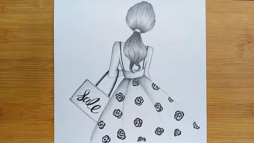 铅笔素描画:画长裙女孩背影