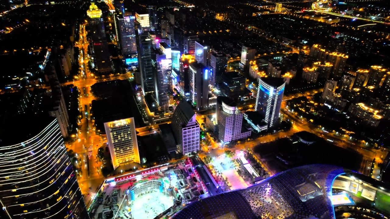 航拍苏州城市地标东方之门夜景