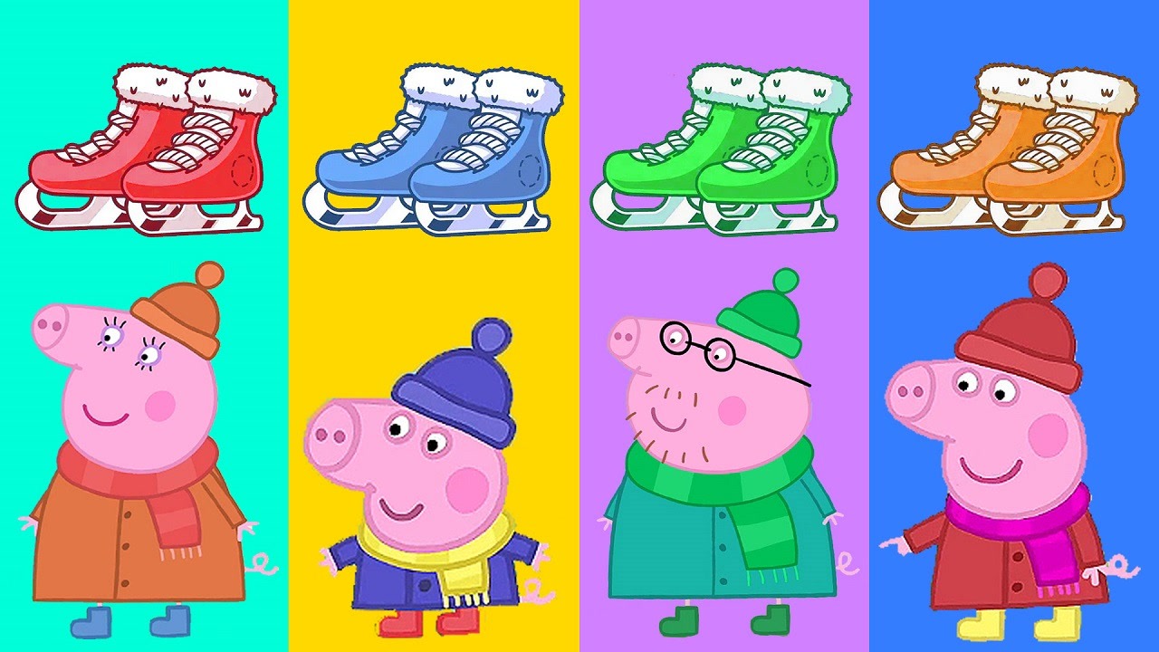 帮助小猪佩奇一家,选择正确颜色的滑冰鞋
