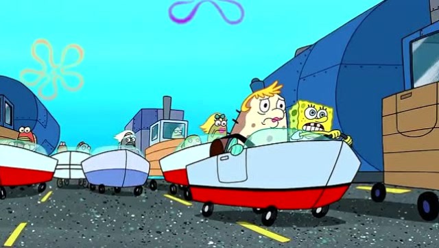 海绵宝宝把车开到高速公路上,吓的直接瘫痪在座椅上