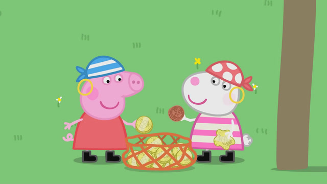 佩奇和小羊苏西带着一篮子的金币形状的巧克力准备吃掉