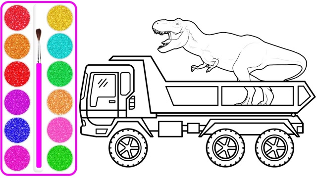 趣味简笔画:运输车运输小恐龙