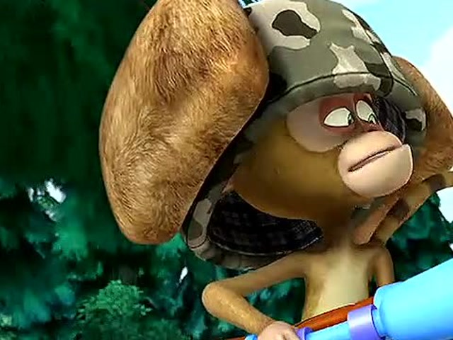 熊出没:吉吉国王看到,毛毛戴着光头强的帽子拿着枪.