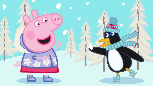 小猪佩奇和小企鹅在雪地中打雪仗