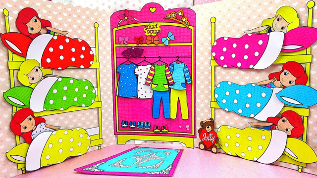 diy纸手工,纸娃娃穿新衣在卧室里开派对,看电视吃爆米花非常有趣