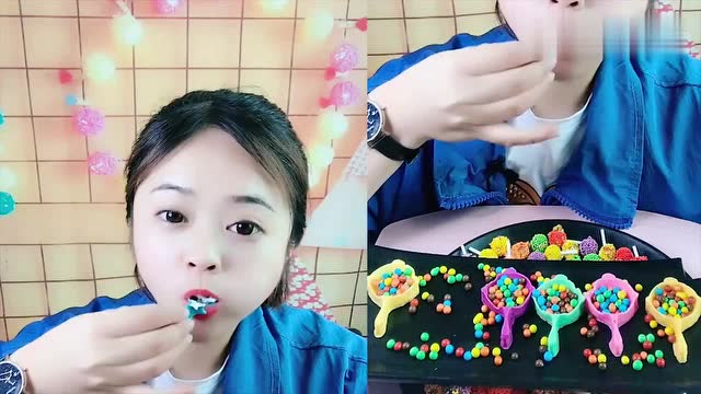 可爱小姐姐直播吃彩色小糖果,大口吃超过瘾,是我向往的生活