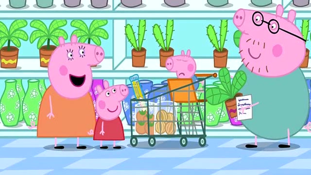 小猪佩奇:佩奇一家来买菜,乔治想买恐龙,没有恐龙就拿了花盆