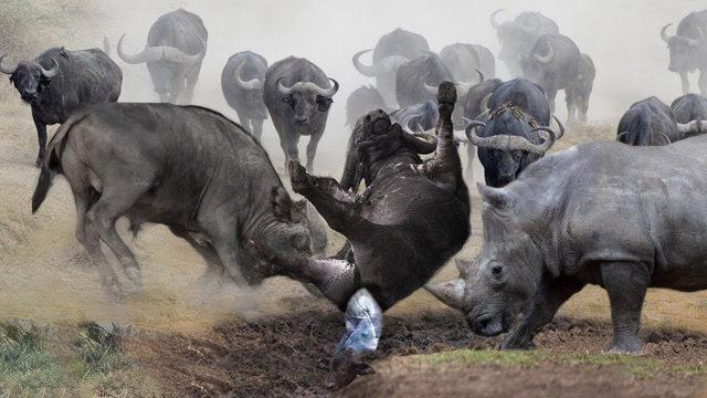 1000公斤水牛大战2000公斤的犀牛,绝对重量级的王者对决
