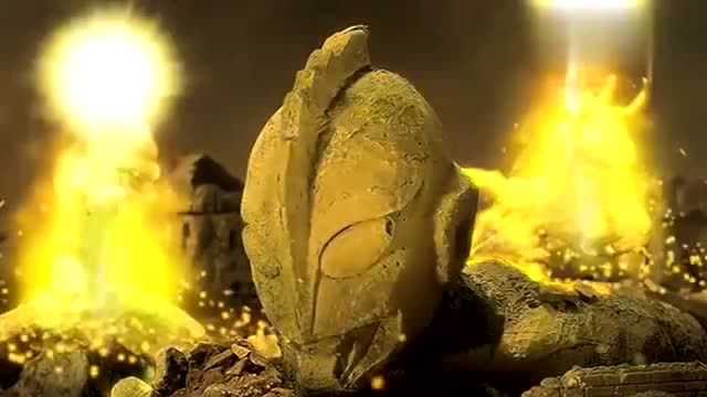 奥特曼:迪迦躺在地上,其他奥特曼的石像上出现了光,注入迪迦体内