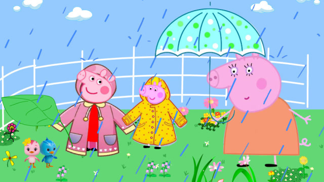 下雨天,小猪佩奇和乔治发现淋雨的小鸡,用树叶给它们挡雨
