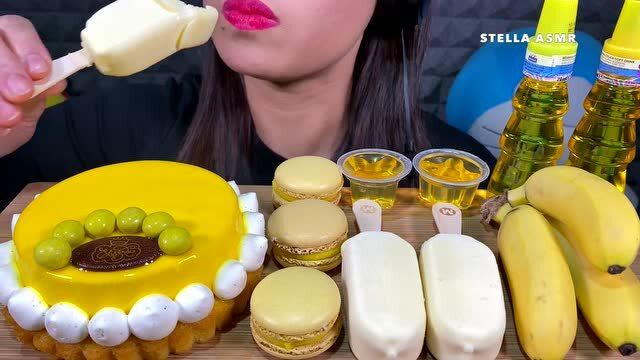 小姐姐吃奶油蛋糕,马卡龙,冰淇淋和香蕉,大口吃得真开心