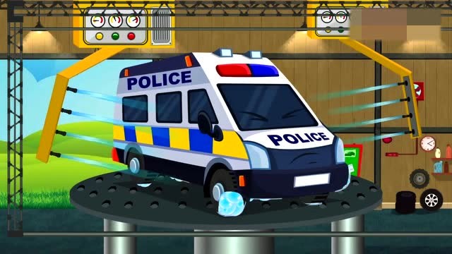 早教益智动画:出任务的警车弄得很脏,到洗车场清理一下