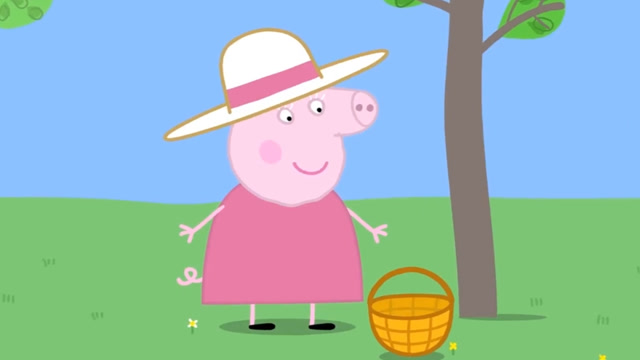 猪奶奶带着篮子,等着小猪佩奇和乔治来,一起去摘好吃的草莓