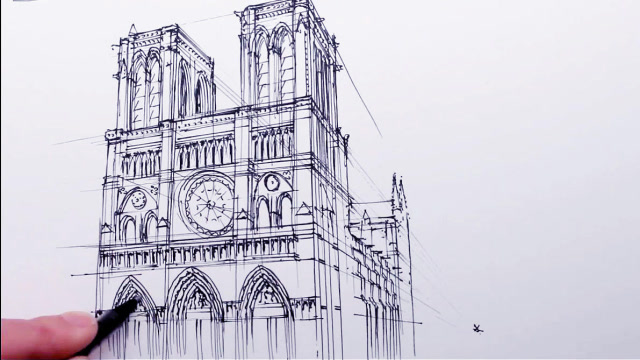 高手教你如何手绘巴黎圣母院钟楼!透视运用和细节把握值得借鉴!