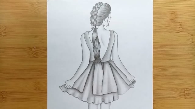 铅笔素描画:画长辫子女孩背影