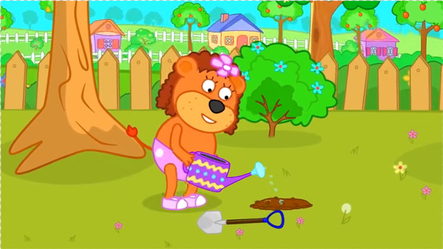 小狮子给自己播下的西瓜子认真的施肥浇水,趣味卡通儿童简笔画